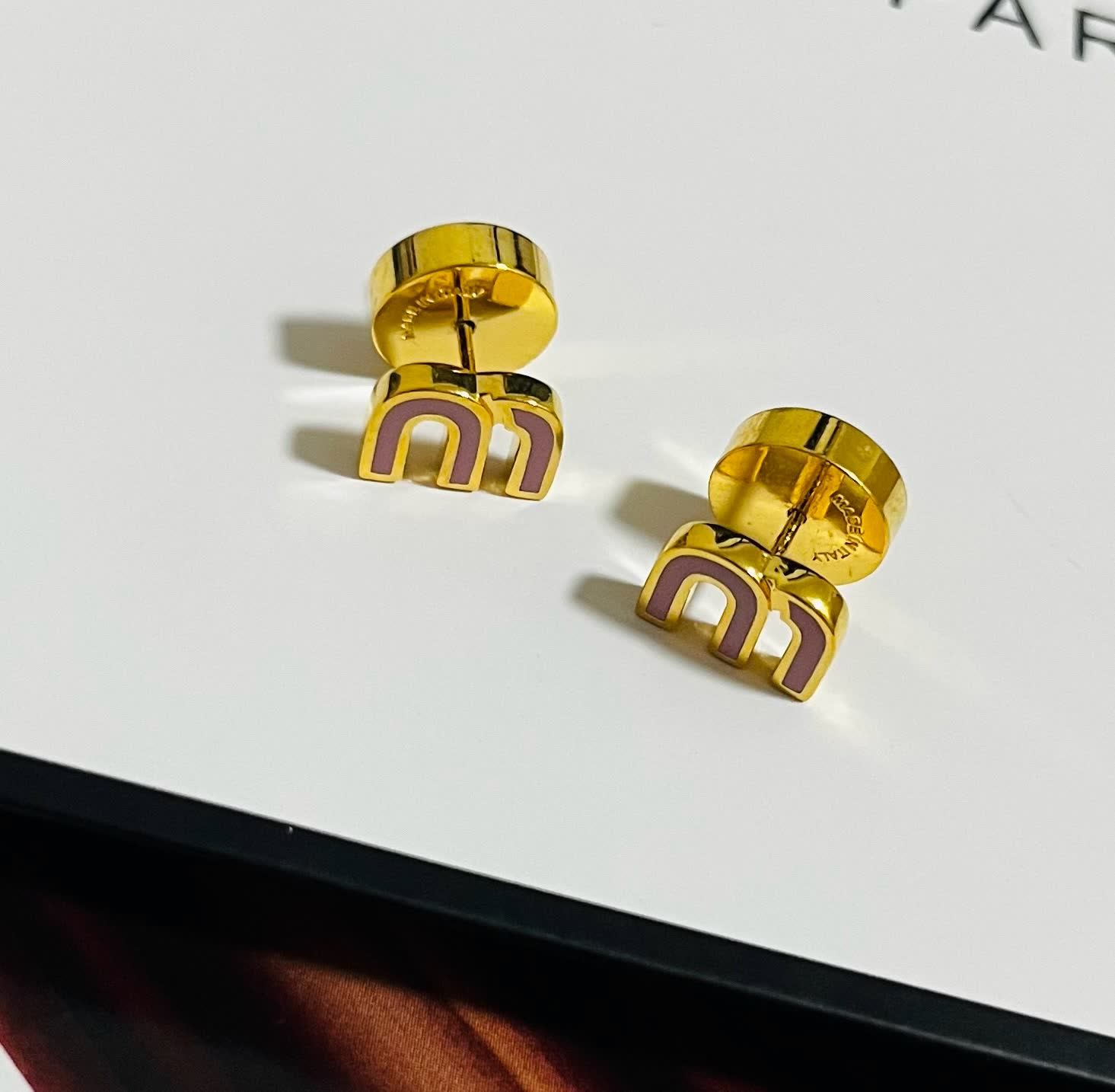 Miu Miu Gold and Pink Enamel Stud Earrings